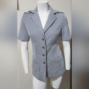 Women's Rrrruss Navy Blue and White Striped Vintage Retro 70s Blazer Jacket Sz M